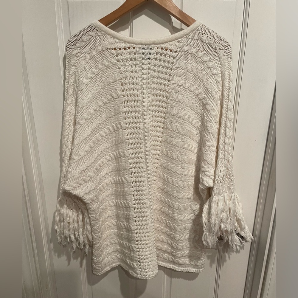 CAbi Fiesta Cream V-Neck Sweater “Poncho” with Fringe Sleeves - Picture 4 of 5